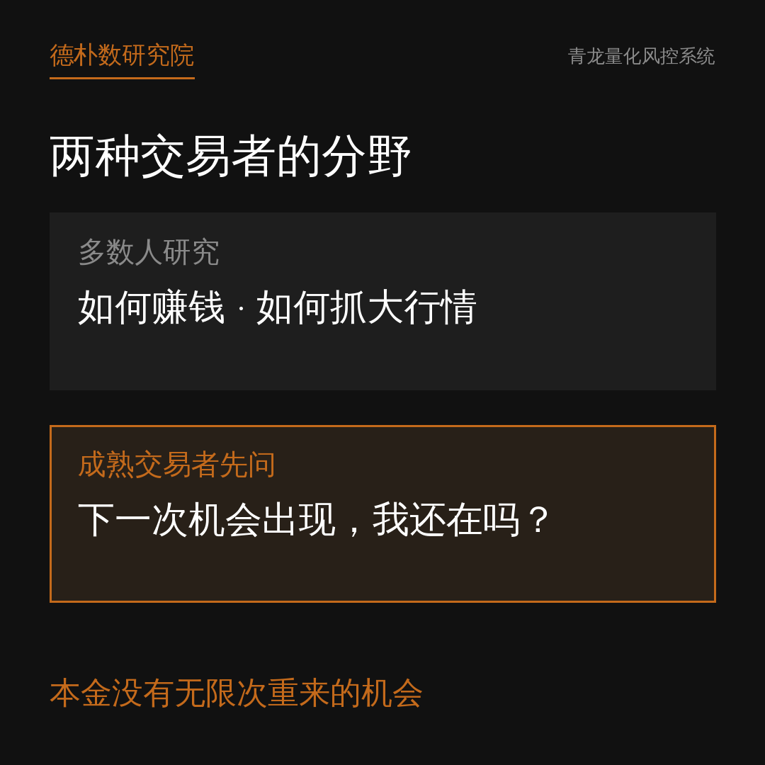 图注：多数人研究赚钱，成熟交易者先问生存