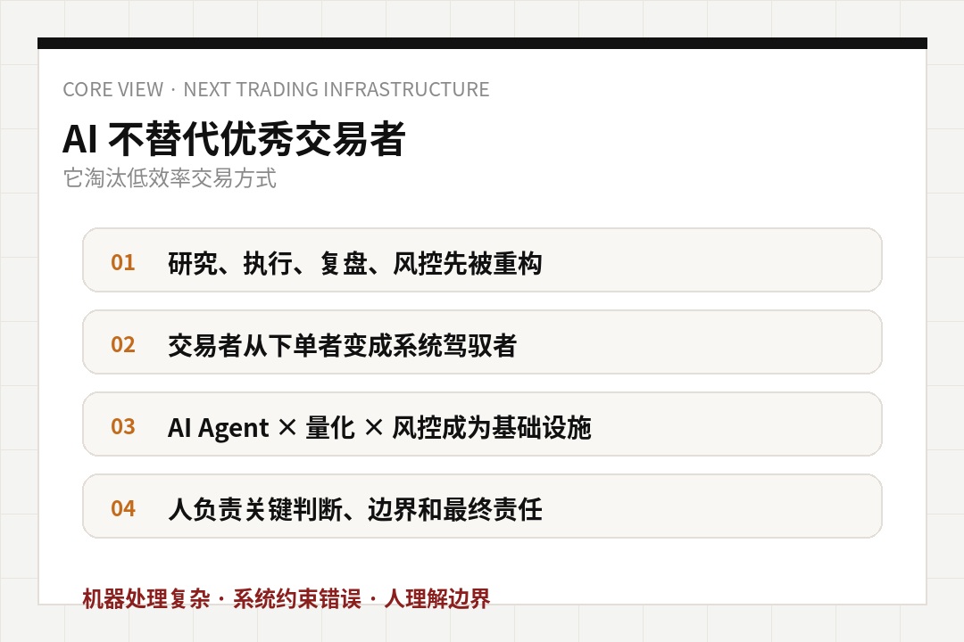 图示:AI Agent 不替代优秀交易者,而是重构交易基础设施